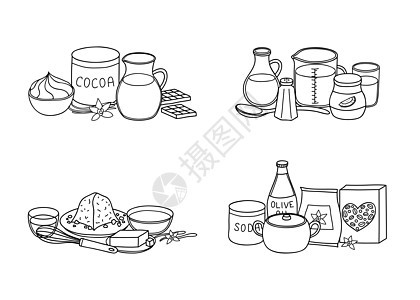 一组手工抽制的烹饪原料醒酒器黄油玻璃糕点巧克力团体烘烤苏打面粉食物图片