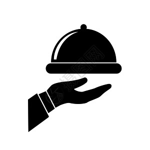 手握银柱形图标 在白色背景上孤立的黑色固态平板设计图标中 有食物托盘矢量图标的服务员图片