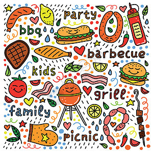 贴有烧烤图标和字母的海报香肠食物炙烤派对微笑熏肉餐厅绘画小吃柠檬图片