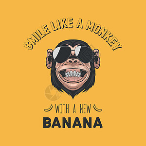 像拿着新香蕉的猴子一样微笑 矢量微笑黑猩猩与太阳镜 排版报价 有趣的猴头与眼镜墙艺术 T 恤打印 海报 卡通可爱的黑猩猩猴子生活图片