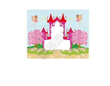 美丽的童话粉红色城堡框架运输绘画女士森林魔法荒野想像力树木卡片棍棒图片