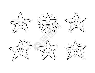 一套Doodle明星快乐的图标孩子们黑色白色孩子微笑插图涂鸦绘画天空情感图片
