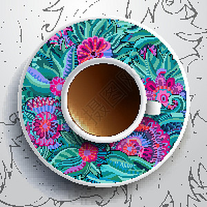 咖啡杯和花卉装饰品风格杯子手工涂鸦陶瓷咖啡盘子草图叶子绘画图片