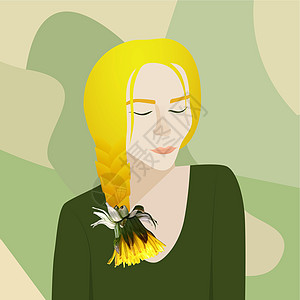 彩色头发和黄色花朵的女孩 戴丹迪利昂的发型 闭着眼睛的女性面孔 (笑声)图片