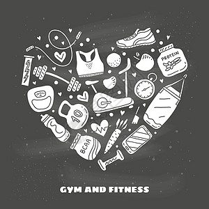 面条健身和健身图标 在心脏形状胸罩瓶子健身房重量手绘女性跑表机器跑步身体图片