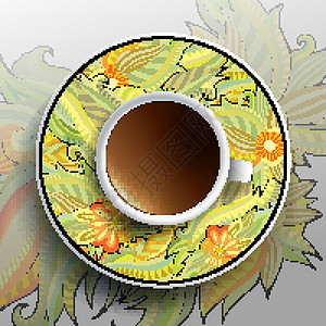 咖啡杯和花卉装饰品圆圈杯子盘子装饰制品草图绘画打印陶瓷咖啡店图片