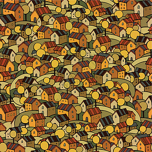 秋季房屋无缝模式建筑街道包装场地建筑学城市房子装饰窗户卡通片图片