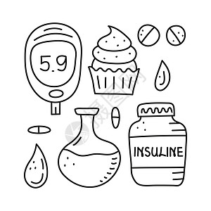 一套涂鸦提纲的糖尿病物品疾病海报控制测量瓶子食物乐器工具饮食胰岛素图片