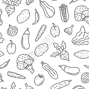 无缝模式 与涂鸦蔬菜土豆洋葱打印草图菜单玉米剪贴茄子包装纸食物图片