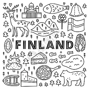 海报上贴有字母和面条的芬兰图标建筑学建筑城堡涂鸦大教堂城市国家馅饼旅游旗帜图片