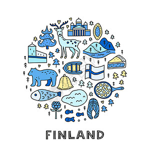 圆形的多彩芬兰图标城市桑拿肉丸旗帜城堡动物圆圈旅行作品假期图片