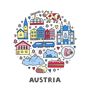 圆形的多彩奥地利图标刻字旅游城市海报小木屋旅行建筑学缆车肉片圆圈图片