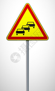 交通堵塞 金属杆上的临时警告标志 交通规则和交通安全 矢量图图片