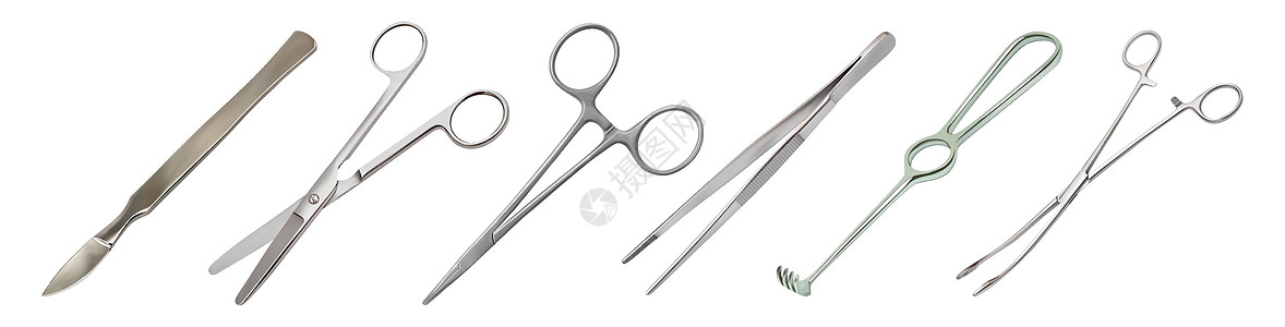 一套手术器械 手术刀 Liston 的截肢刀 直剪刀 带扣的蚊子夹 解剖镊子 Folkmann 的锯齿钩 Meyer 的镊子 孤图片