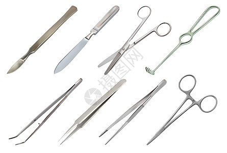 一套手术器械 不同类型的镊子 全金属可重复使用手术刀 带紧固件的夹子 圆头直剪刀 锯齿状钩子 Folkmann 一次性注射器 矢图片