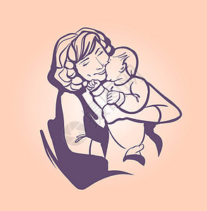 年轻女子怀抱一个小孩 妈妈玩耍和拥抱婴儿 手画的标志 草图艺术卡通片女士母性女儿宗教生活插图孩子绘画图片