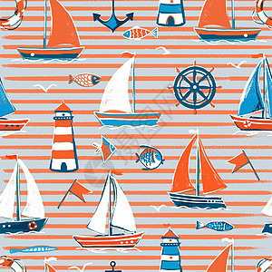 以橙色和灰色条纹为海主题的矢量无缝图案 在海上用灯塔搭乘帆船 鱼图片
