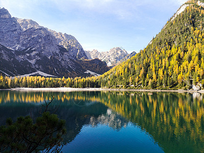 意大利的布雷湖蓝色岩石反射天空假期草地风景公园高山蓝天图片