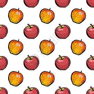 无缝模式 在白色背景上的红色和橙色苹果 罕见的圆点图案 苹果是一个写实的素描图片