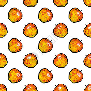 无缝模式 在白色背景上的橙色苹果 罕见的圆点图案 苹果是一个写实的素描图片