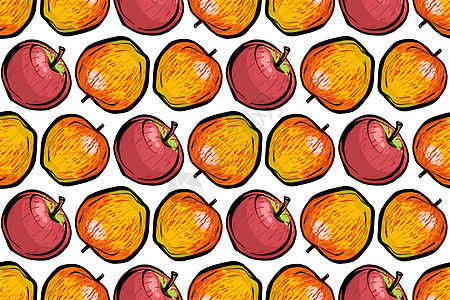 无缝模式 在白色背景上的红色和橙色苹果 密集的圆点图案 苹果是一个写实的素描图片
