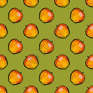 无缝模式 芥末背景上的橙色苹果 罕见的圆点图案 苹果是一个写实的素描图片
