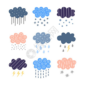 一系列斯堪的纳维亚雨 雪 风暴云极简蓝色插图降雪雪花手绘涂鸦艺术卡通片闪电图片