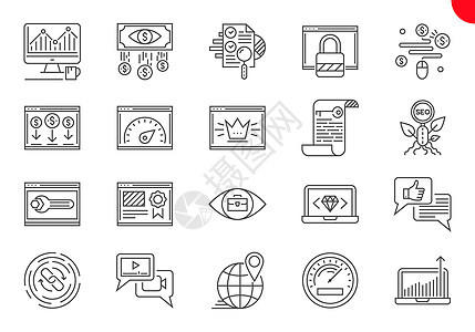 搜索引擎优化的细线图标集网站技术地球关键词网络监控商业引擎排行文件夹服务高清图片素材