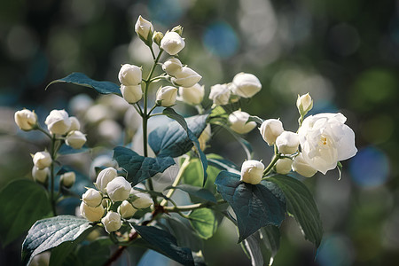 白茉莉花 有绿色叶子本性背景 香香香味对芳香油好 萨丁木 胶水树图片