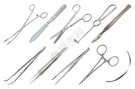 一套手术器械 不同类型的镊子 手术刀 Liston 的截肢刀 带紧固件的夹子 直剪刀 Folkmann 的锯齿钩 Meyer 的图片