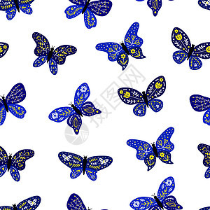 无缝的图案 与面条蝴蝶绘画翅膀女性孩子孩子们涂鸦民间海报蓝色打印图片