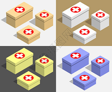 具有多医师组织符号的一组不同大小的箱子 多种颜色的药用纸板盒 Isophy平方矢量图片
