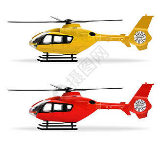 黄色和红色的直升机 不同颜色的小型客运直升机 航空运输 白色背景上逼真的孤立对象 矢量图图片