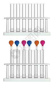 一组放在架子上的试管 空试管和带测量实验室吸管的试管 医学 药学 生物 化学专用实验设备 向量图片