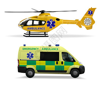 紧急医疗运输 直升机空中救护和救护车车 白色背景的现实孤立物体 矢量图 (单位 千分之一)图片