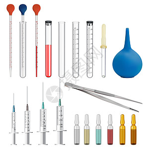 一套医疗和实验室设备 测量实验室试管和带刻度和橡胶球的玻璃吸管 注射和验血仪器 向量图片