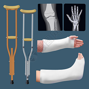 一组医疗创伤物体 骨折的治疗;粉刷板 拐杖 X射线;与外界隔绝的物体图片