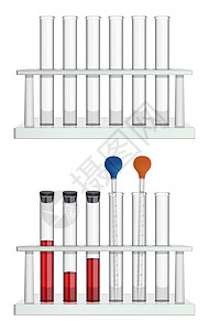 机架中的一组空管和一组测量实验室吸管和带有血样的试管 用塞子封闭 特殊实验室设备 向量图片