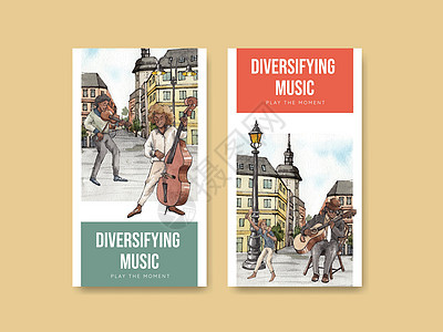 配有不同音乐的Instagram模板 关于街道概念 水彩色风格的各种音乐展示小提琴广告卡通片蓝调吉他歌曲玩家媒体团体图片