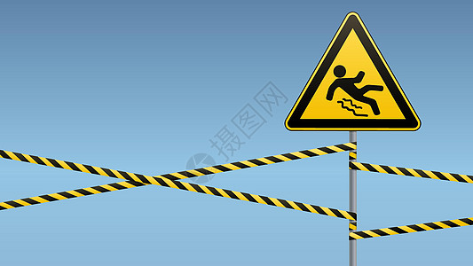 注意 - 危险 小心湿滑 安全标志 带有警告带的金属杆上的三角形标志 工业设计 向量图片