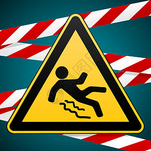 - 注意危险 小心滑动 安全标志 警告三角形和跨越警戒带 工业设计 向量图片