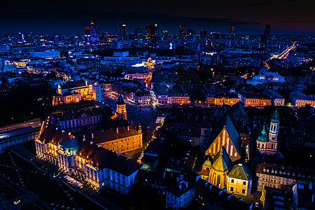 波兰华沙城市景观 夜间高空俯瞰老城市场广场历史建筑美人鱼抛光市集广场历史性老城橙子街道地标首都图片