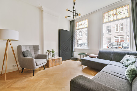 装有适当家具的现代客厅内置用具公寓风格房子窗户扶手椅椅子枕头长椅街道沙发图片