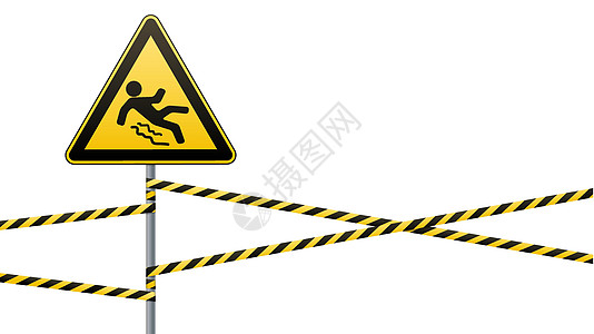 注意  危险 小心湿滑 安全标志 带有警告带的金属杆上的三角形标志 白色背景 向量男人制造业磁带丝带工业风险鱼片障碍栅栏设计图片