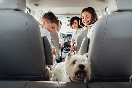 周末公路旅行中 西部高地白梗犬成为焦点 模糊了四名家庭成员乘坐小型货车 母亲和父亲带着两个十几岁的孩子和宠物旅行图片