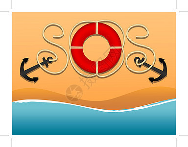 国际求救信号和求助 SOS 以绳索和救生圈的铭文形式出现 锚 救生圈 索具大海 海滩和波浪 平面卡通风格 矢量图像沉船帮助海洋海图片