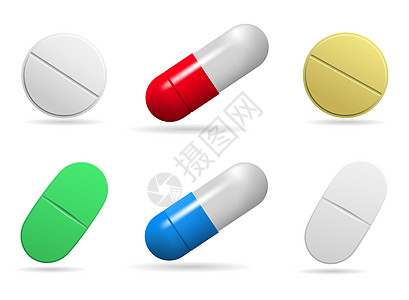 药片 一组不同颜色的椭圆形 圆形和胶囊片剂 白色背景上的孤立对象 矢量图片