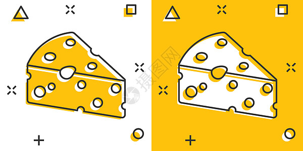 漫画风格的奶酪切片图标 孤立背景的牛奶食品卡通矢量插图 早餐喷洒效应标志商业概念三角形黄色食物白色卡通片横幅黄油产品小吃标识图片