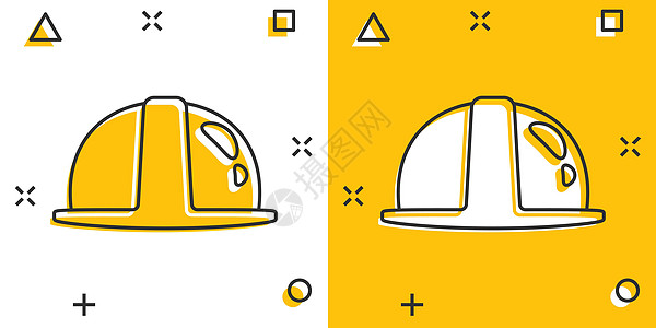 漫画风格的建筑头盔图标 孤立背景的安全帽卡通矢量插图 工人帽子喷洒效应标志商业概念 笑声字形卡通片技术员工业塑料矿工工程师矿业危图片