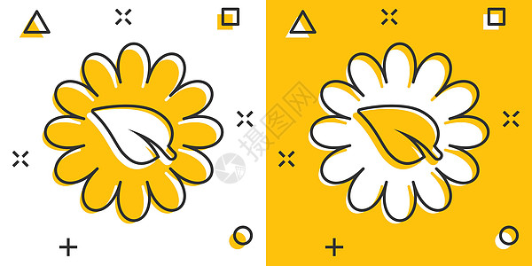 漫画风格的叶和洋甘菊图标 花与植物卡通矢量插图在白色孤立的背景上 生态动力飞溅效果标志经营理念商业生物活力身份环境工厂服务车轮力图片